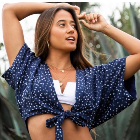 ROXY Vacation Vibes KimonoTie-Front Polka Dot Navy Blue Small - Picture 2 of 11